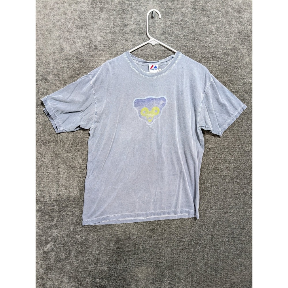Majestic Chicago Cubs Vintage Graphic T-Shirt Blue Faded Short Sleeve Mens L